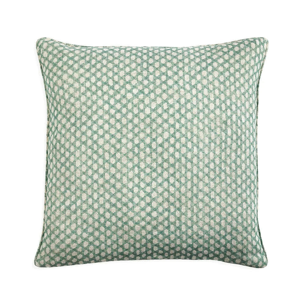 Large square designer Fermoie cushion in Green Wicker fabric linen