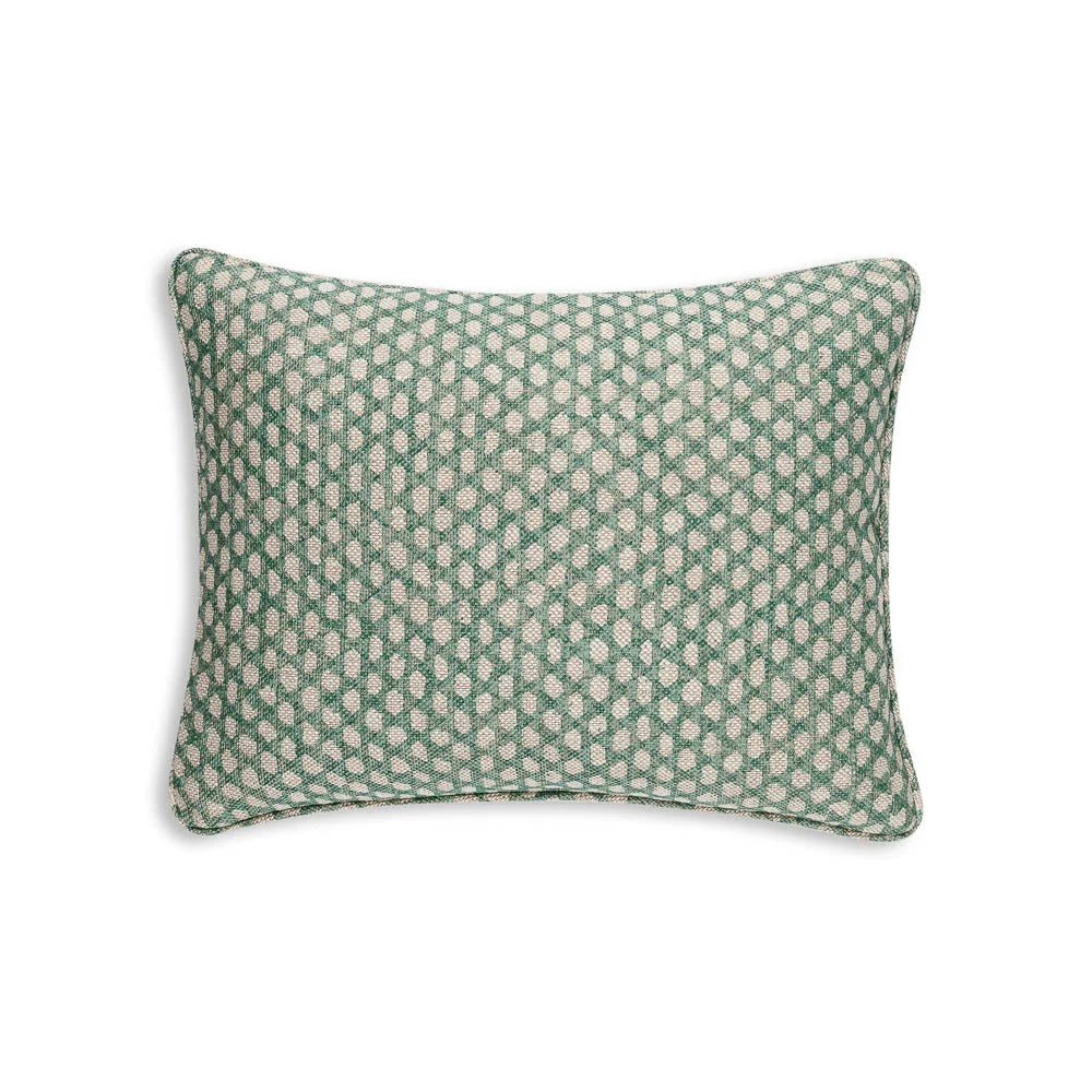 Small oblong designer Fermoie cushion in Green Wicker fabric linen
