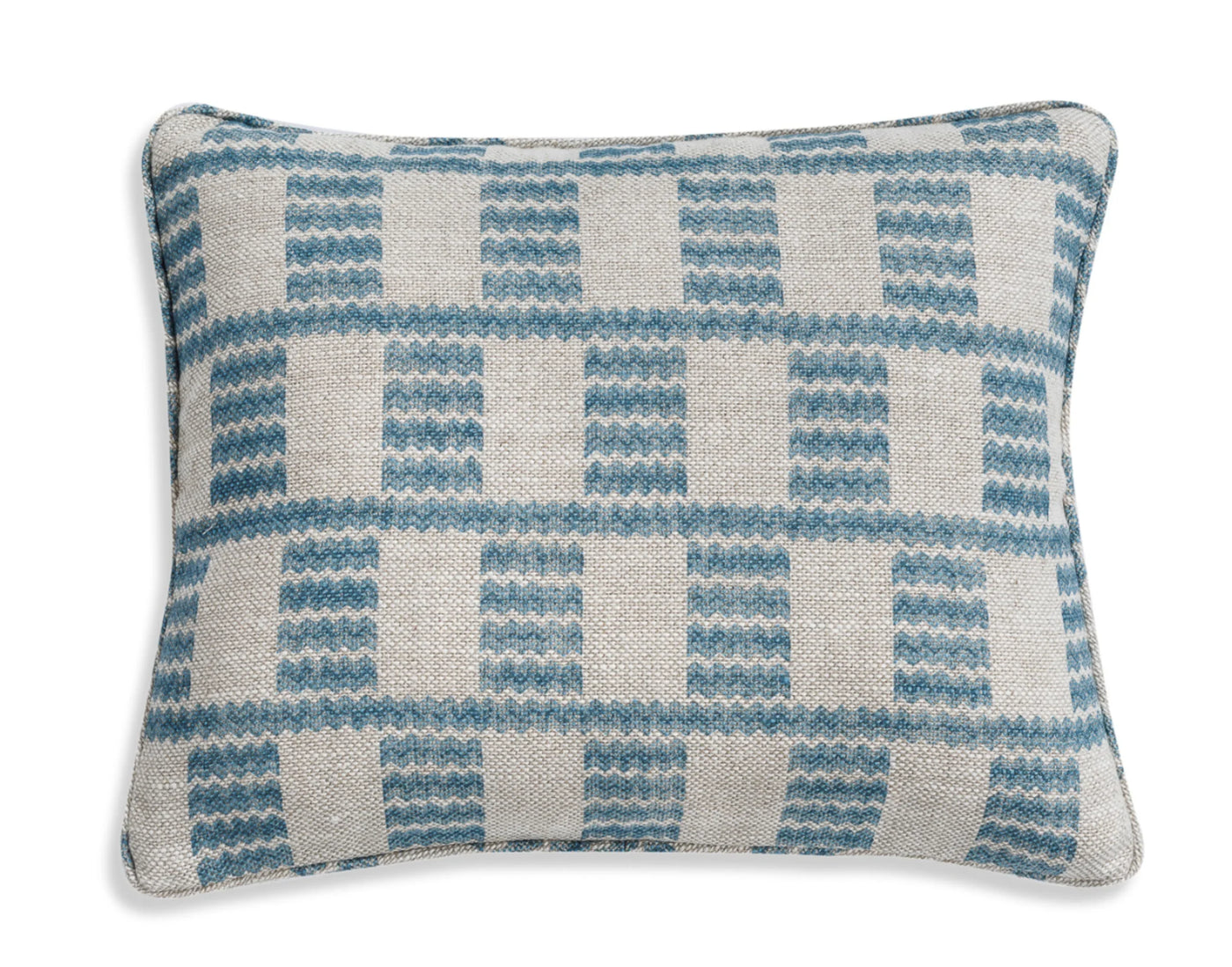 Small oblong designer Fermoie cushion in Light Blue Cove fabric linen