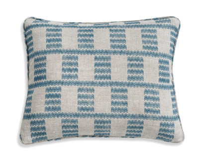 Small oblong designer Fermoie cushion in Light Blue Cove fabric linen