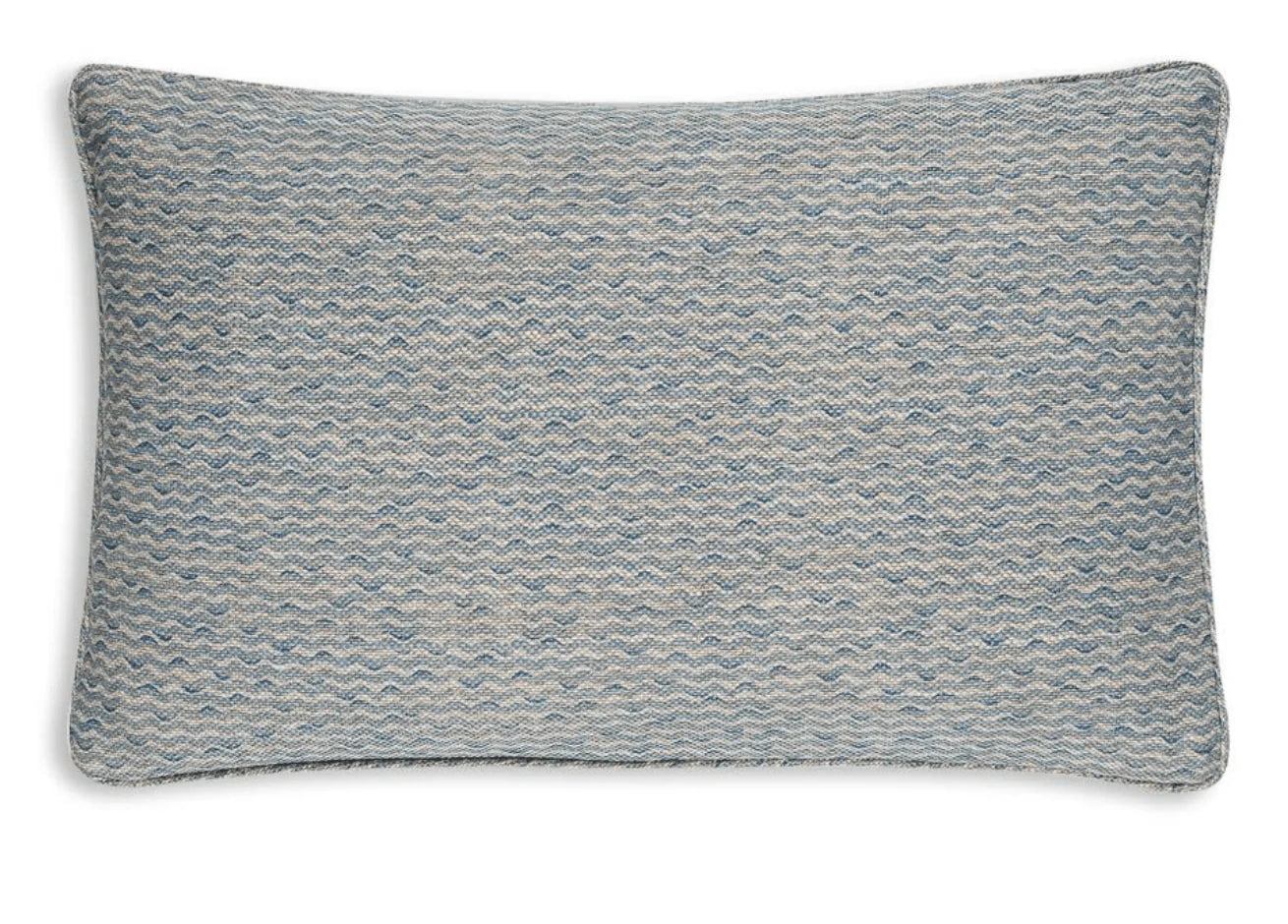 Large oblong designer Fermoie cushion in Light Blue Popple fabric linen