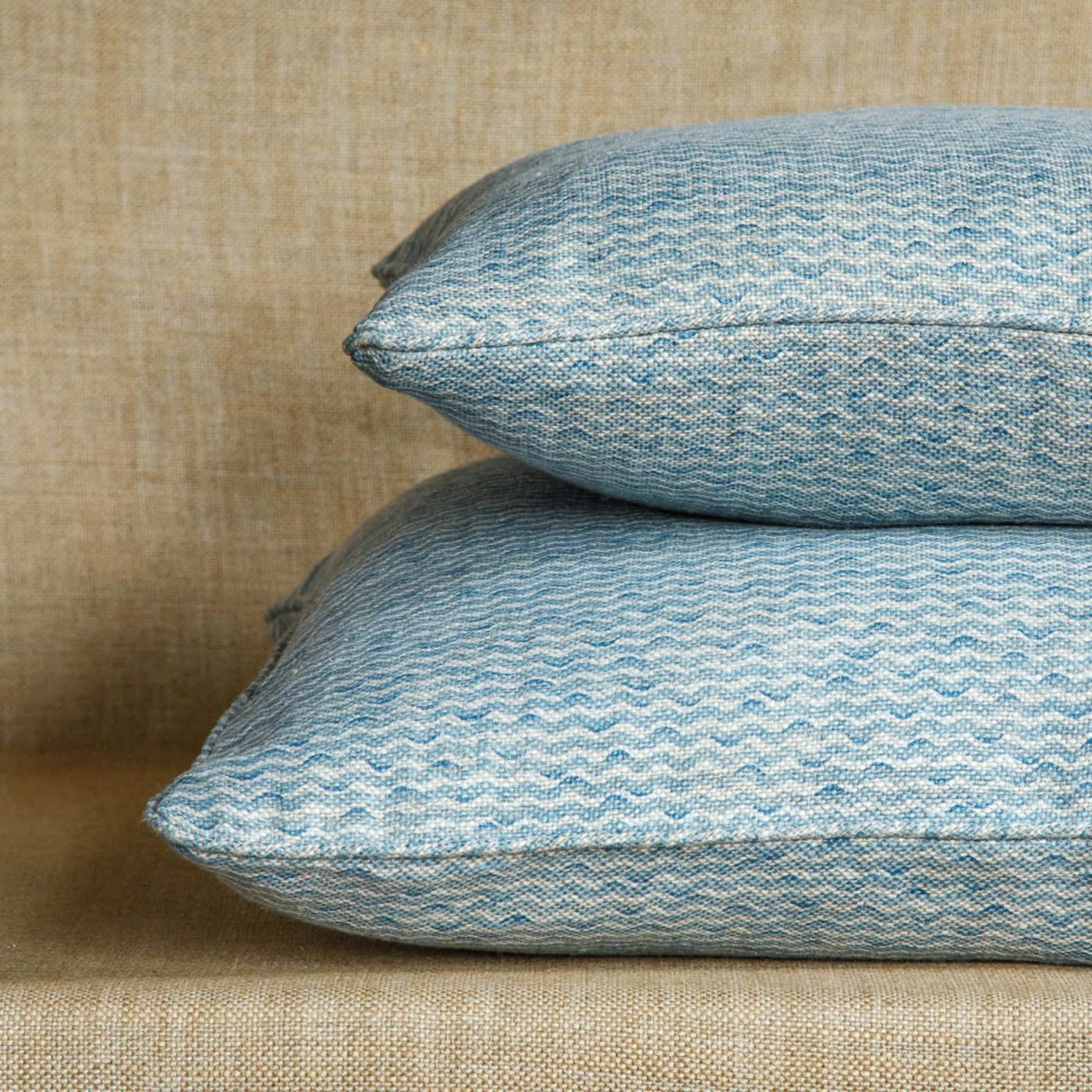 Designer Fermoie cushion stack in Light Blue Popple fabric linen