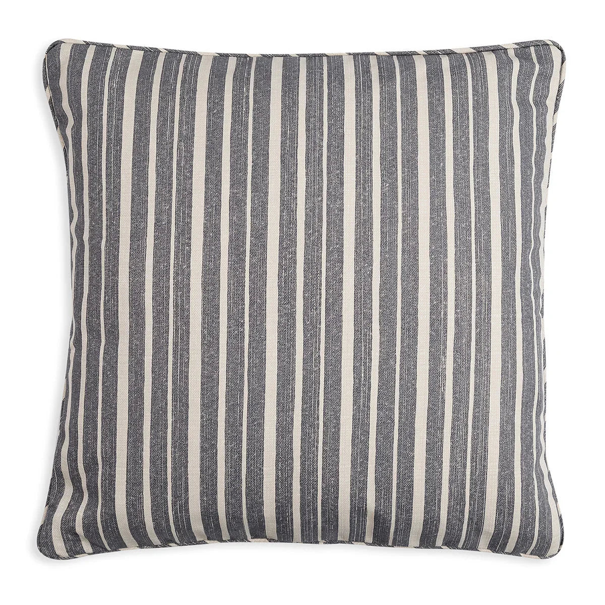 Large square designer Fermoie cushion in Neutral York Stripe fabric made from recycled polyester for indoor and outdoor use