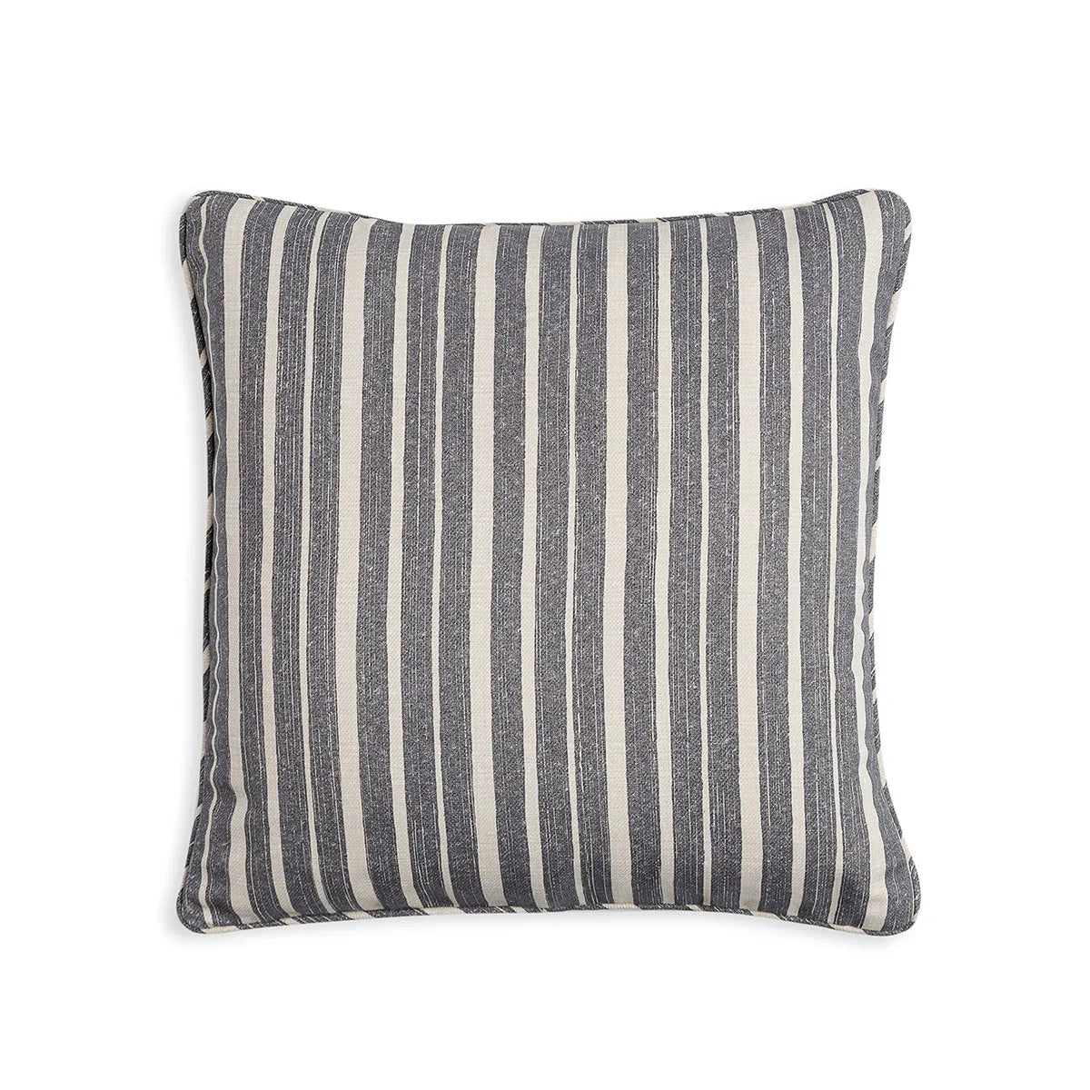 Small square designer Fermoie cushion in Neutral York Stripe fabric made from recycled polyester for indoor and outdoor use
