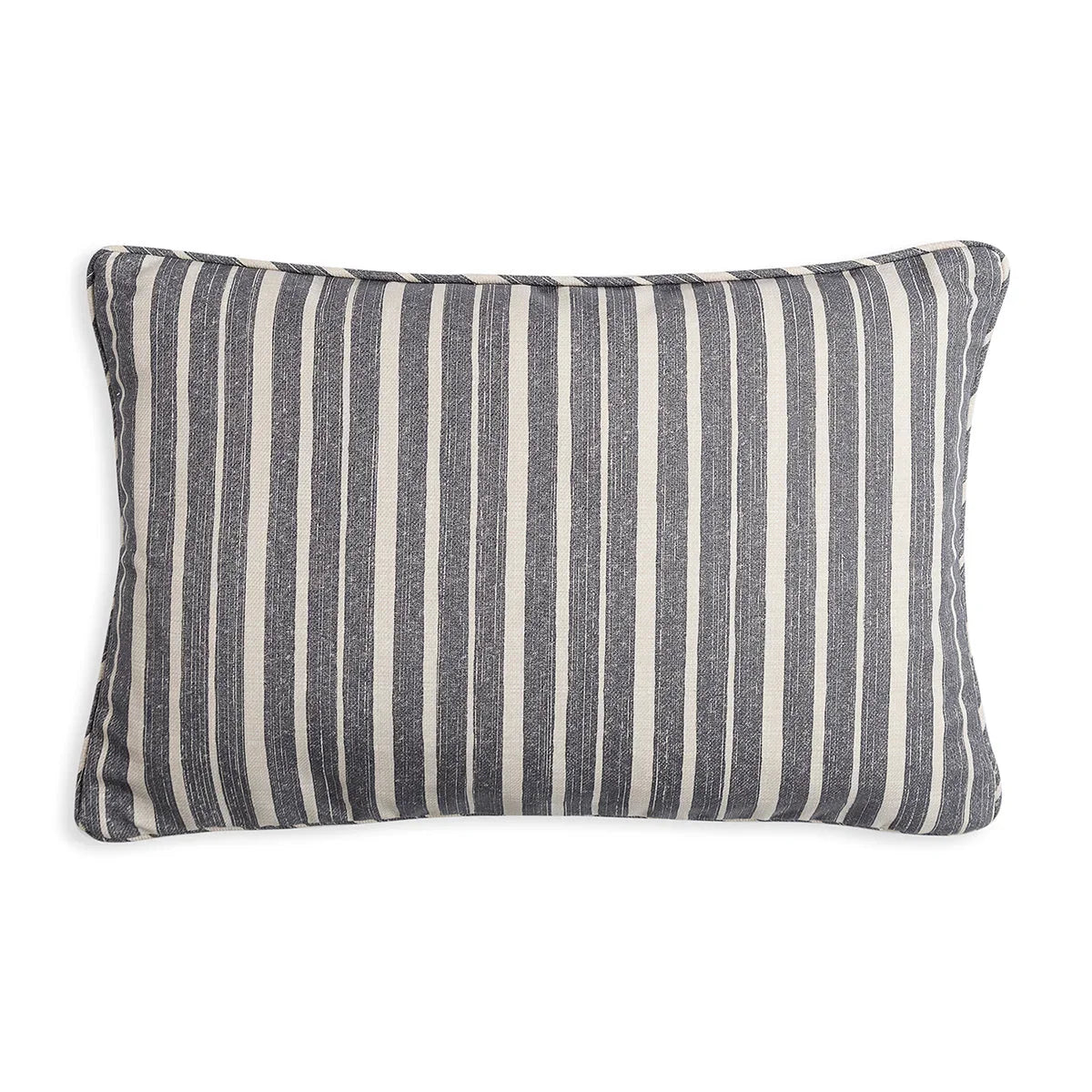 Large oblong designer Fermoie cushion in Neutral York Stripe fabric made from recycled polyester for indoor and outdoor use