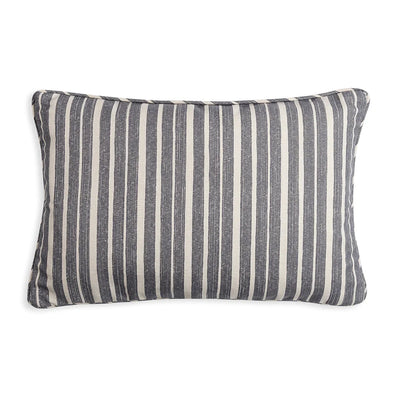 Large oblong designer Fermoie cushion in Neutral York Stripe fabric made from recycled polyester for indoor and outdoor use