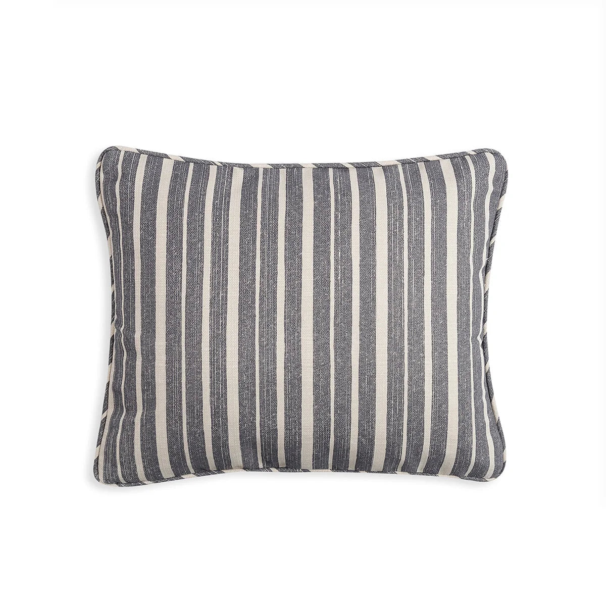 Small oblong designer Fermoie cushion in Neutral York Stripe fabric made from recycled polyester for indoor and outdoor use