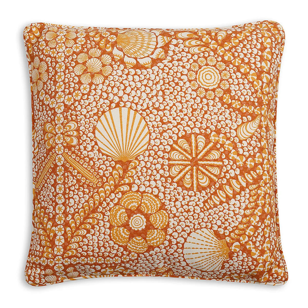 Small square designer Fermoie cushion in Orange Shell Grotto fabric made from recycled polyester for indoor and outdoor use