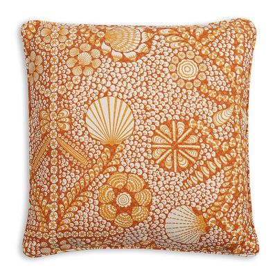 Small square designer Fermoie cushion in Orange Shell Grotto fabric made from recycled polyester for indoor and outdoor use