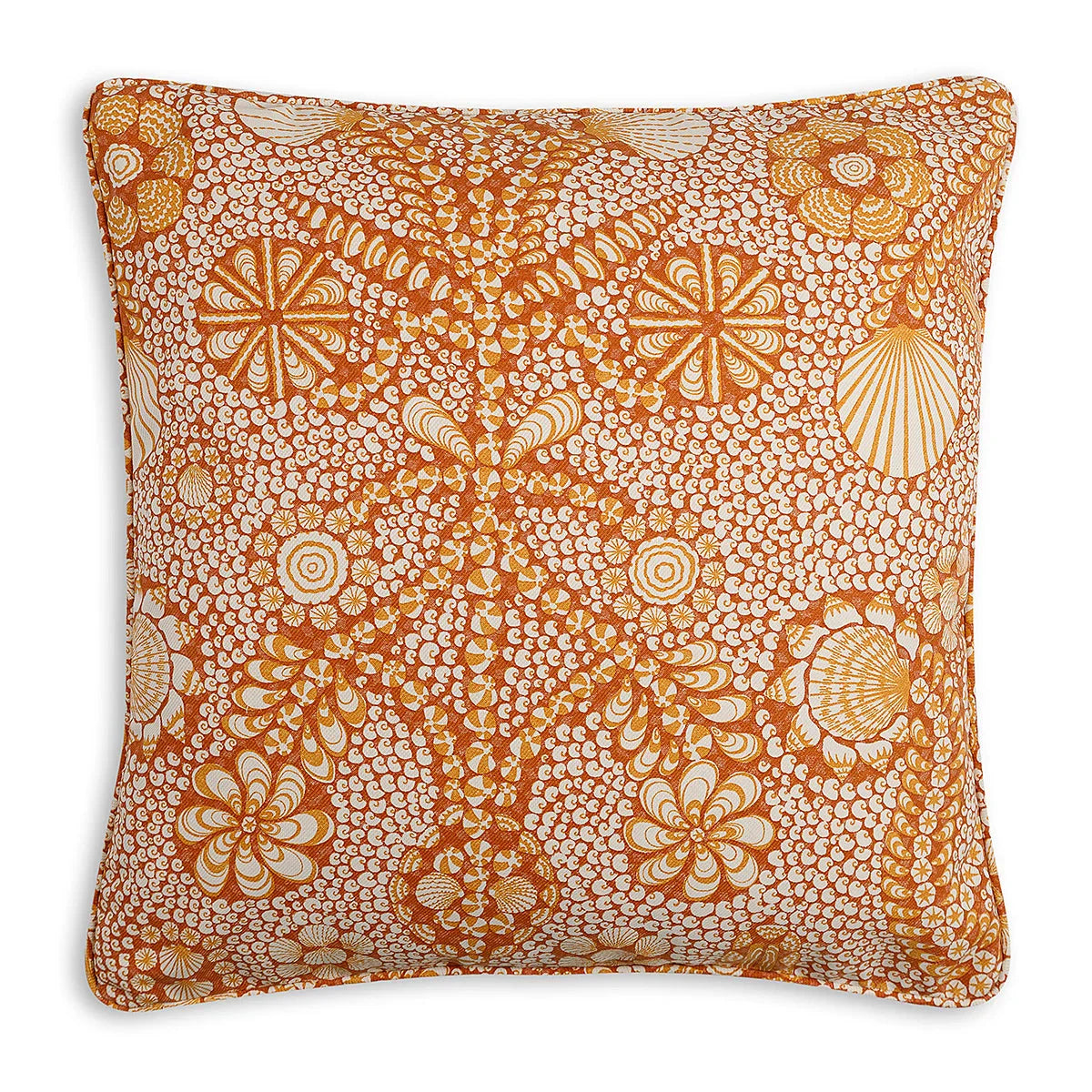Large square designer Fermoie cushion in Orange Shell Grotto fabric made from recycled polyester for indoor and outdoor use