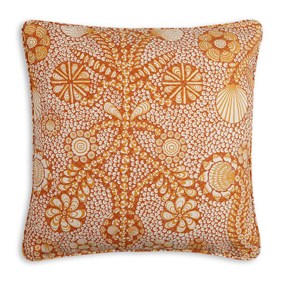 Large square designer Fermoie cushion in Orange Shell Grotto fabric made from recycled polyester for indoor and outdoor use