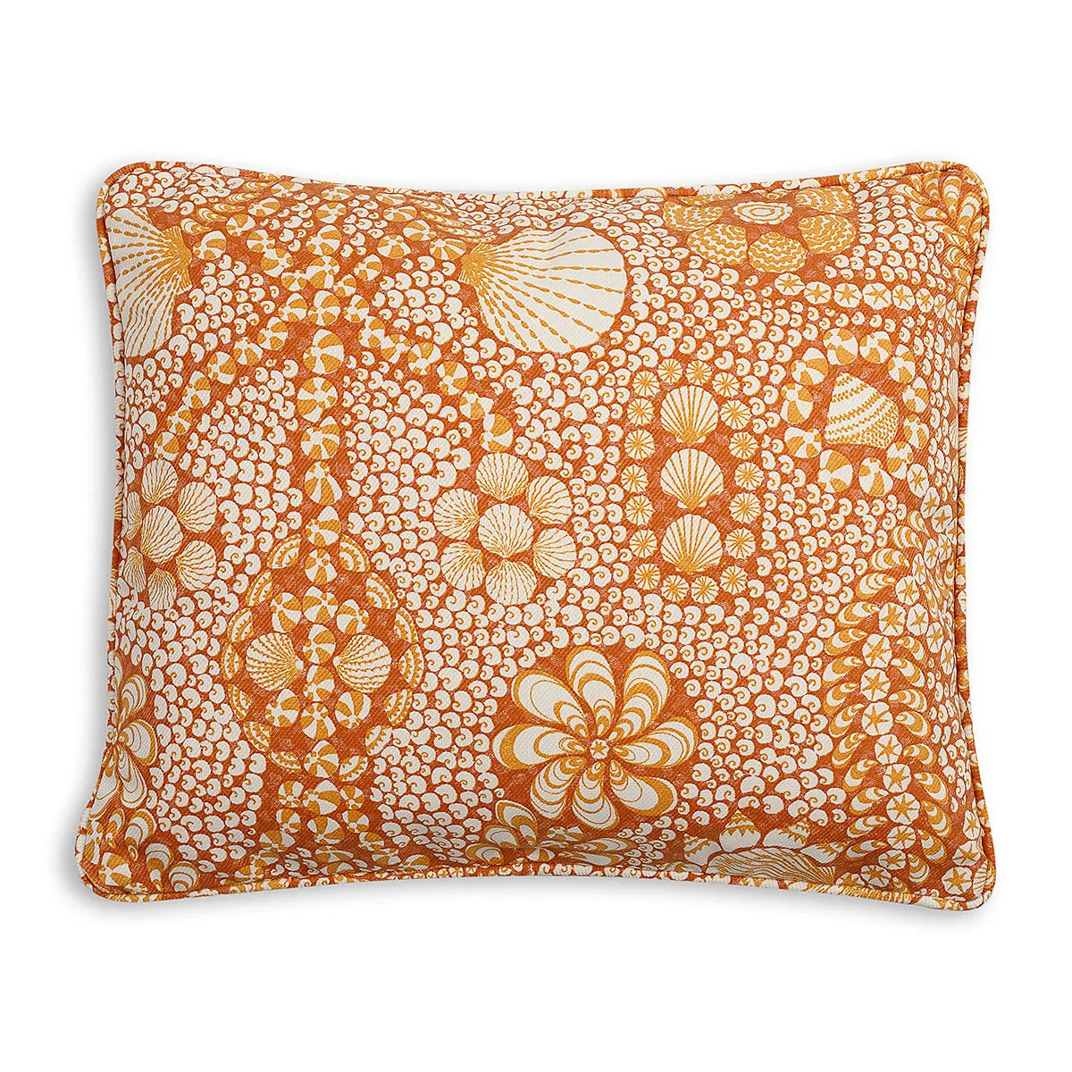 Small oblong designer Fermoie cushion in Orange Shell Grotto fabric made from recycled polyester for indoor and outdoor use