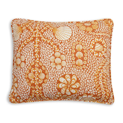 Small oblong designer Fermoie cushion in Orange Shell Grotto fabric made from recycled polyester for indoor and outdoor use