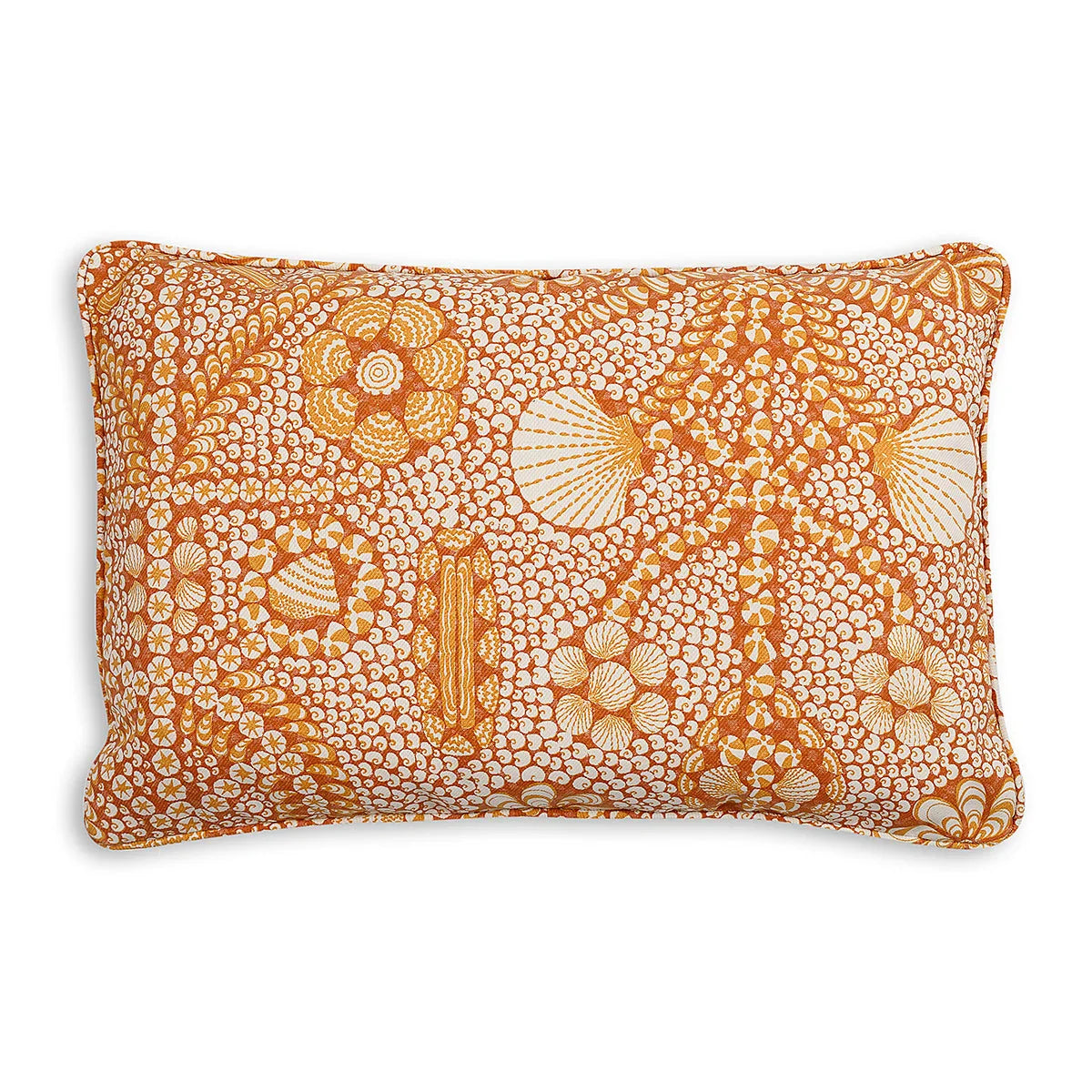 Large oblong designer Fermoie cushion in Orange Shell Grotto fabric made from recycled polyester for indoor and outdoor use
