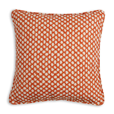 Small square designer Fermoie cushion in Orange Wicker fabric made from recycled polyester for indoor and outdoor use