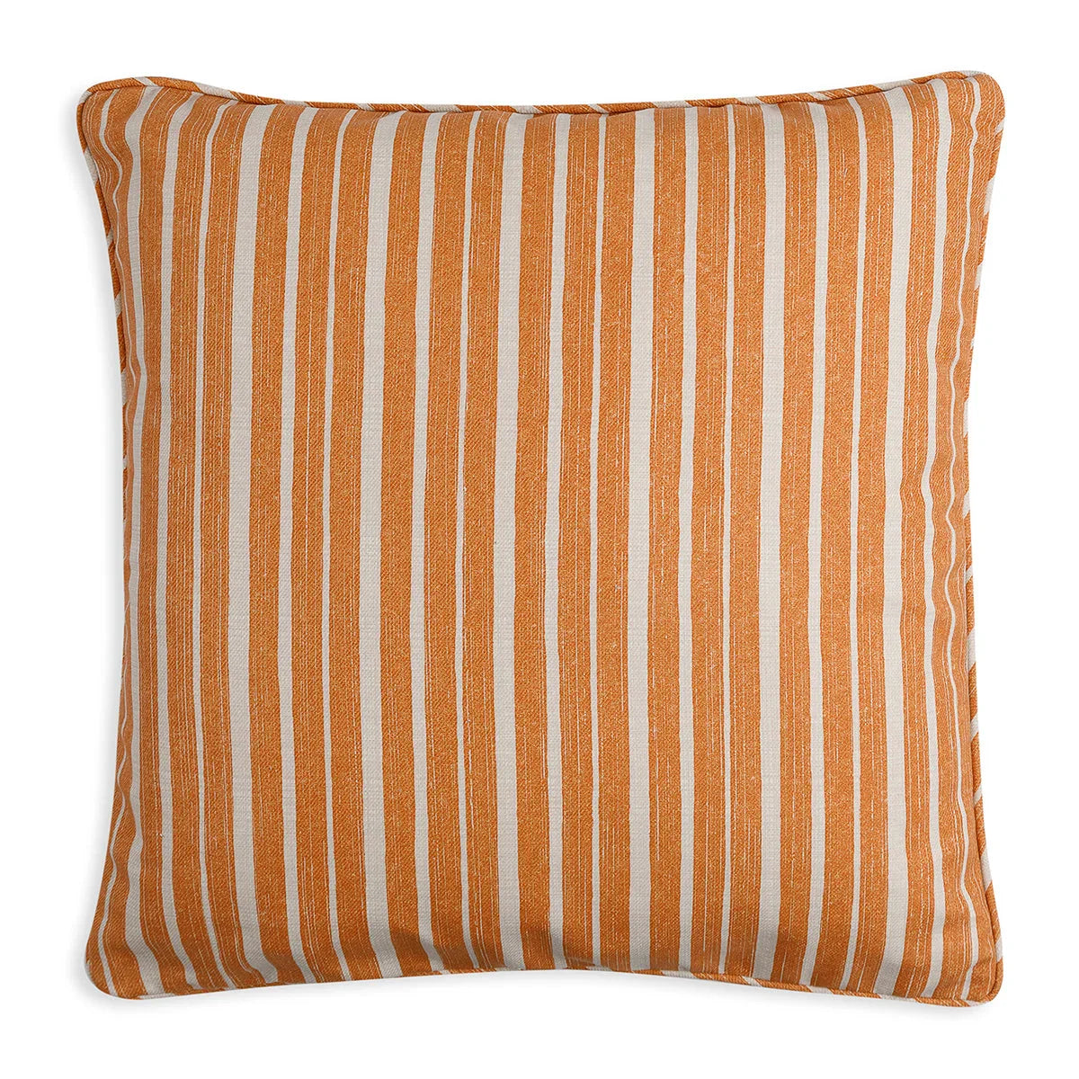 Large square designer Fermoie cushion in Orange York Stripe fabric made from recycled polyester for indoor and outdoor use