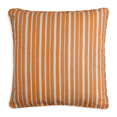 Large square designer Fermoie cushion in Orange York Stripe fabric made from recycled polyester for indoor and outdoor use