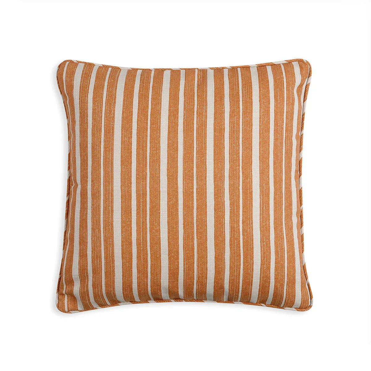 Small square designer Fermoie cushion in Orange York Stripe fabric made from recycled polyester for indoor and outdoor use
