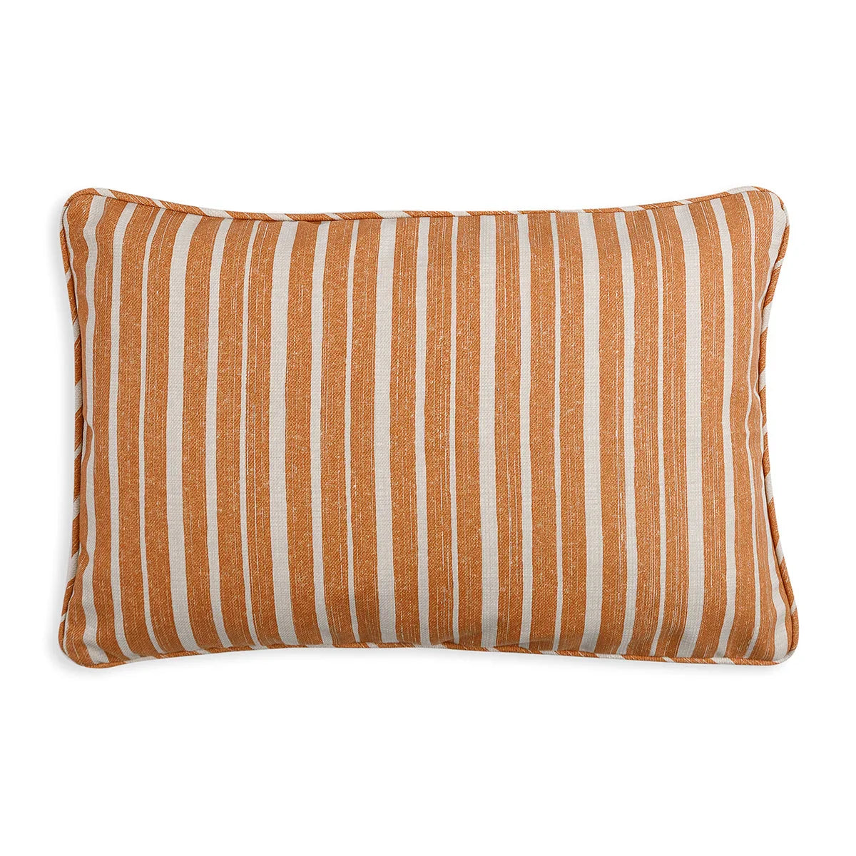 Large oblong designer Fermoie cushion in Orange York Stripe fabric made from recycled polyester for indoor and outdoor use