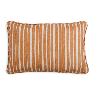 Large oblong designer Fermoie cushion in Orange York Stripe fabric made from recycled polyester for indoor and outdoor use