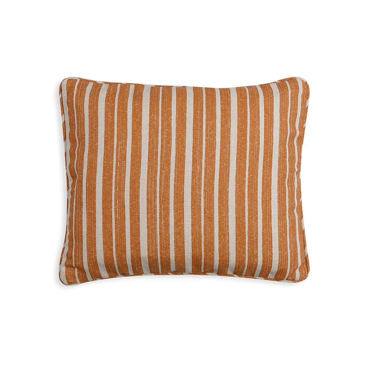 Small oblong designer Fermoie cushion in Orange York Stripe fabric made from recycled polyester for indoor and outdoor use