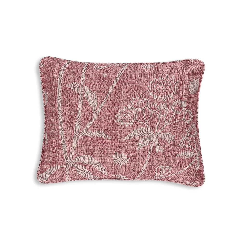 Small oblong designer Fermoie cushion in Pink Astrea fabric linen