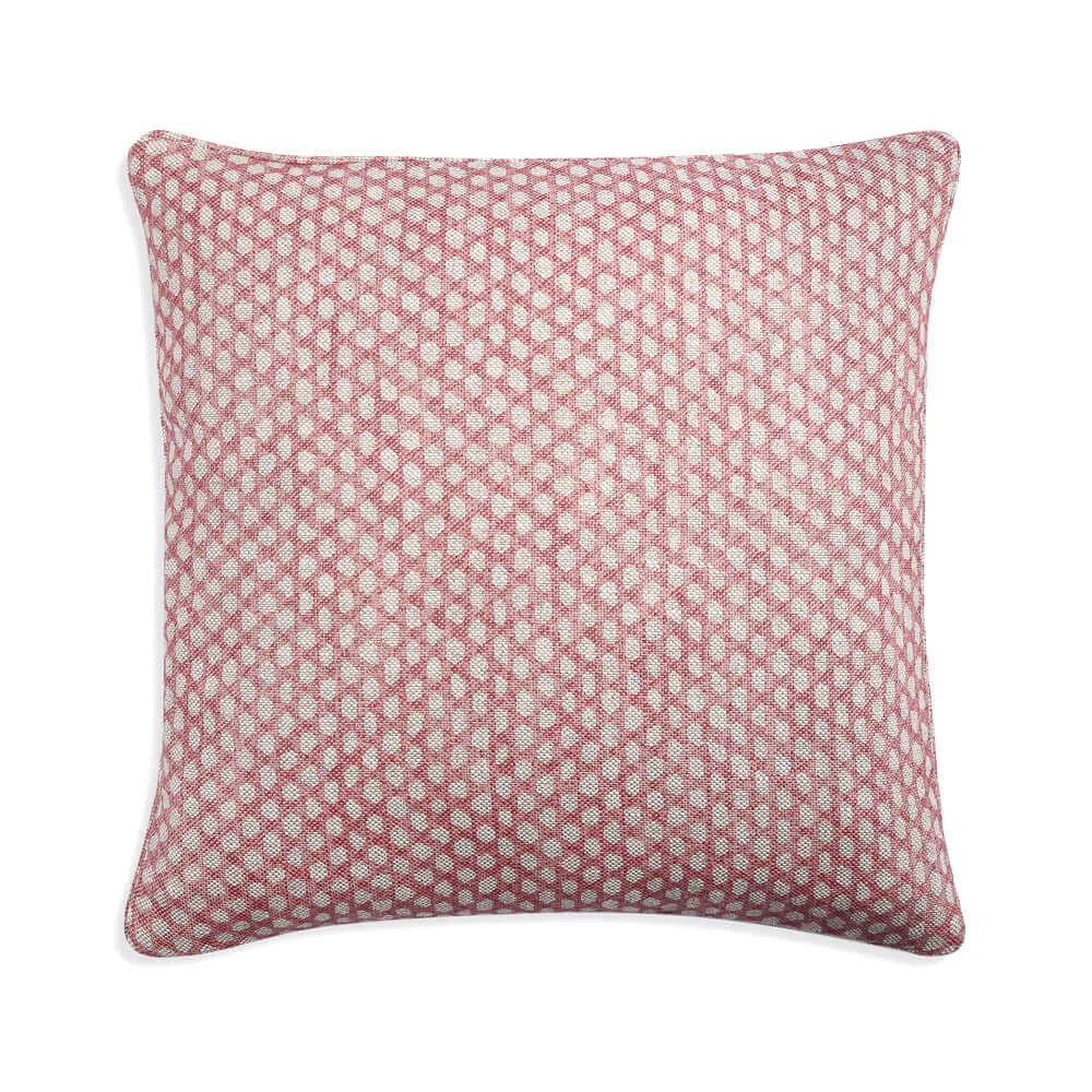 Large square designer Fermoie cushion in Pink Wicker linen fabric