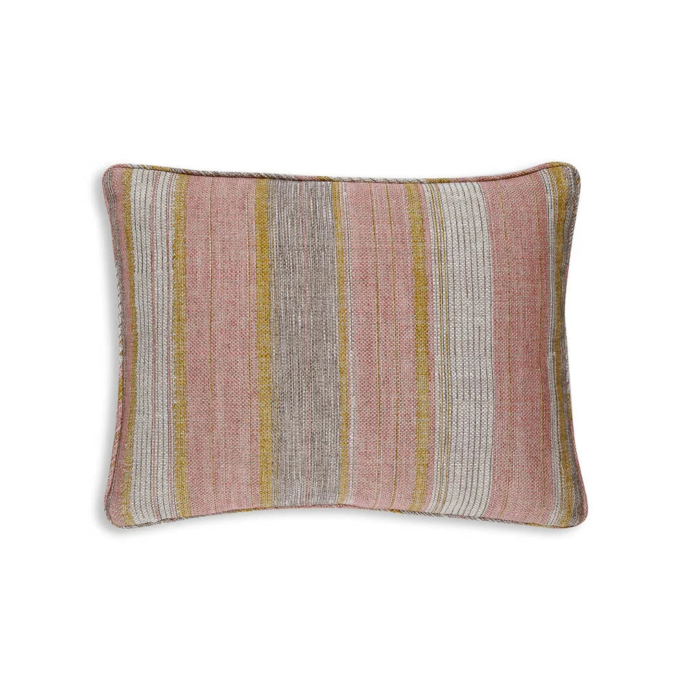 Small oblong designer Fermoie cushion in Pink & Yellow Carskiey fabric linen