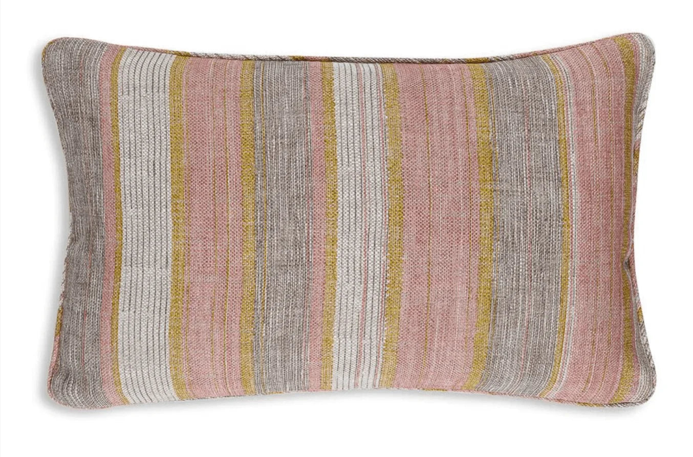 Small oblong designer Fermoie cushion in Pink & Yellow Carskiey fabric linen