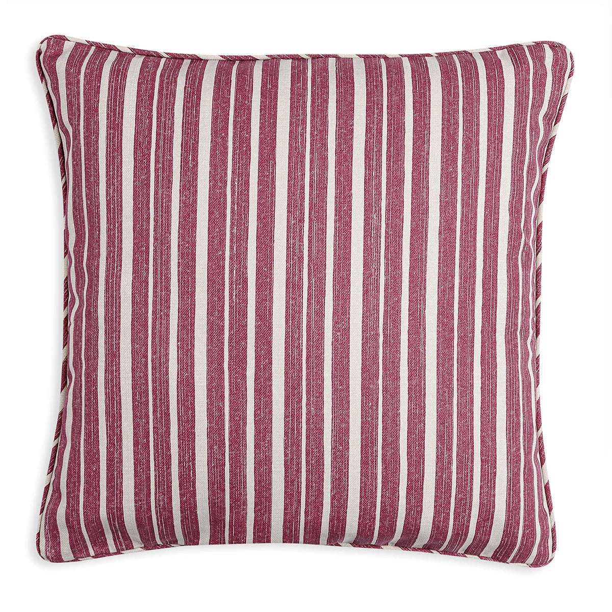 Large square designer Fermoie cushion in Pink York Stripe fabric made from recycled polyester for indoor and outdoor use
