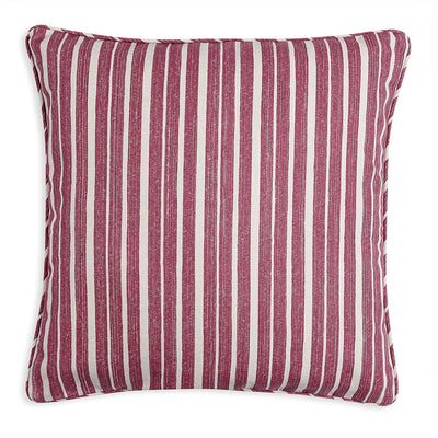 Large square designer Fermoie cushion in Pink York Stripe fabric made from recycled polyester for indoor and outdoor use