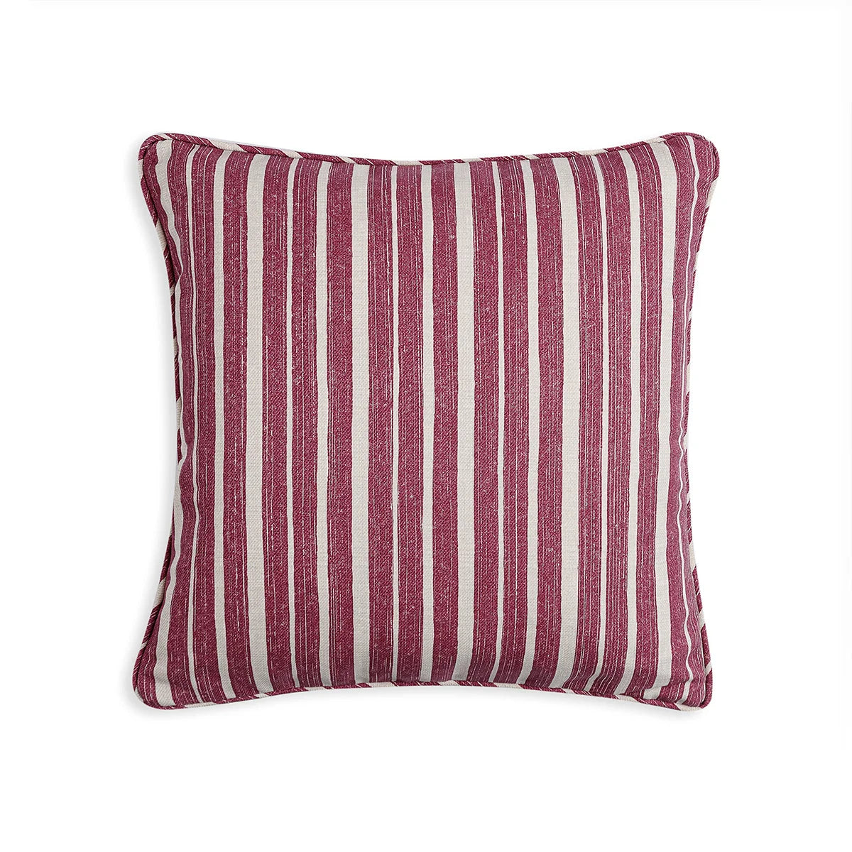 Small square designer Fermoie cushion in Pink York Stripe fabric made from recycled polyester for indoor and outdoor use