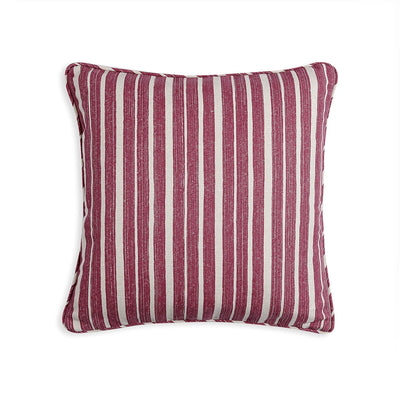Small square designer Fermoie cushion in Pink York Stripe fabric made from recycled polyester for indoor and outdoor use