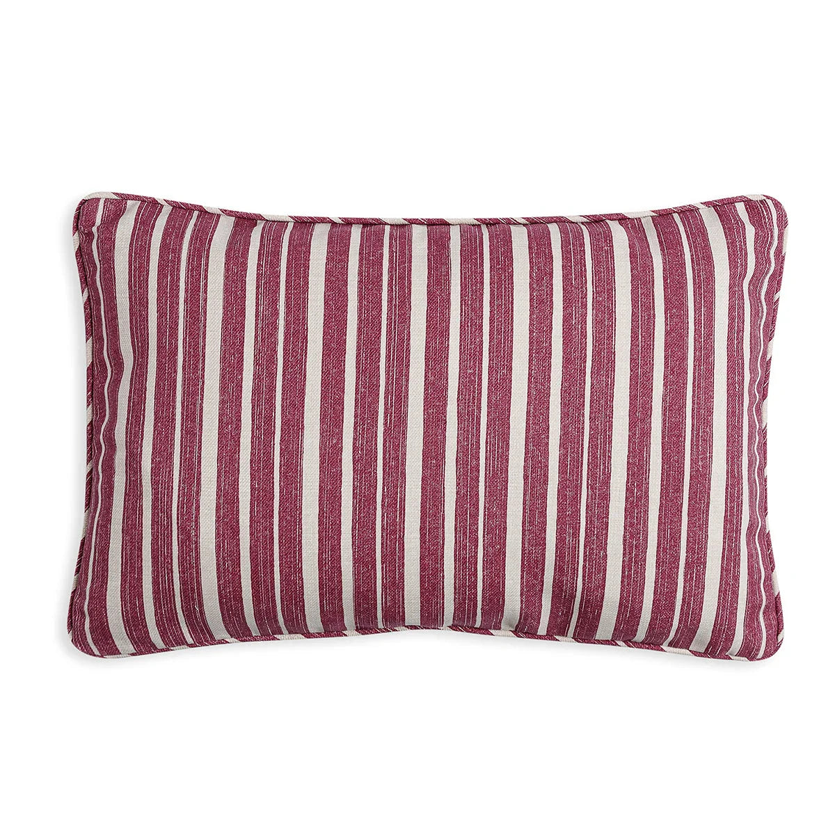 Large oblong designer Fermoie cushion in Pink York Stripe fabric made from recycled polyester for indoor and outdoor use