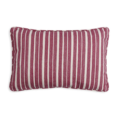 Large oblong designer Fermoie cushion in Pink York Stripe fabric made from recycled polyester for indoor and outdoor use