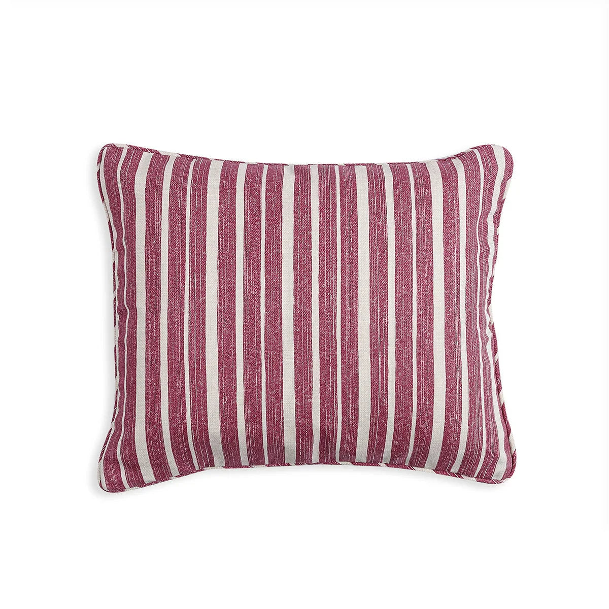 Small oblong designer Fermoie cushion in Pink York Stripe fabric made from recycled polyester for indoor and outdoor use