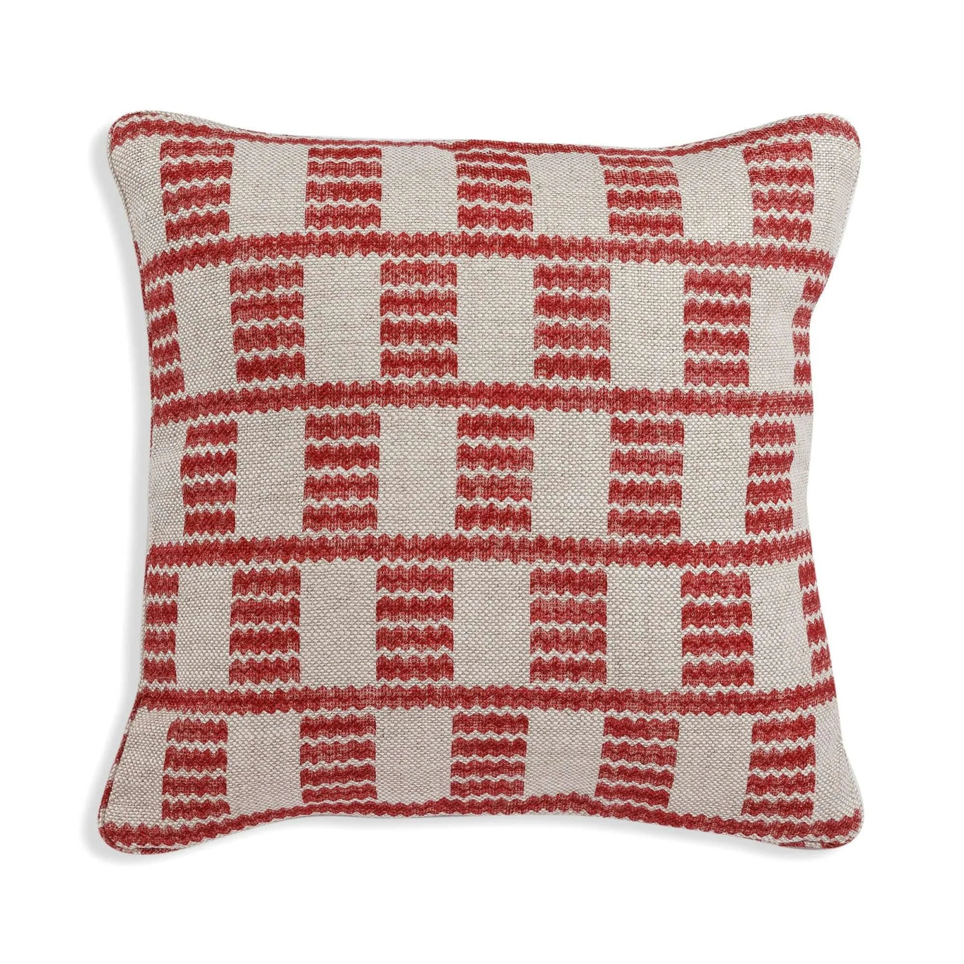 Small square designer Fermoie cushion in Red Cove linen fabric 
