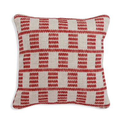 Small square designer Fermoie cushion in Red Cove linen fabric 