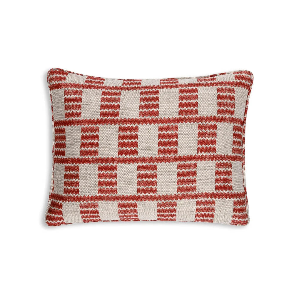 Small oblong designer Fermoie cushion in Red Cove linen fabric