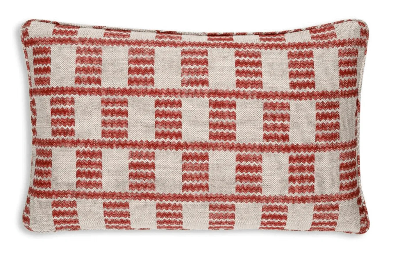 Large oblong designer Fermoie cushion in Red Cove linen fabric