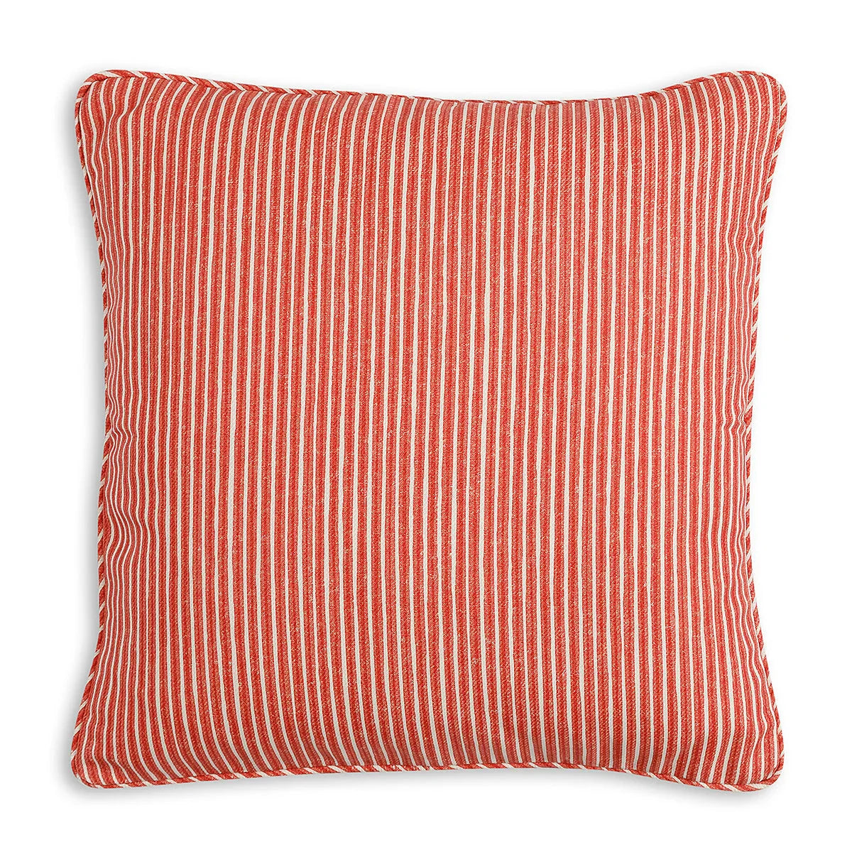 Large square designer Fermoie cushion in Red Poulton Stripe fabric made from recycled polyester for indoor and outdoor use
