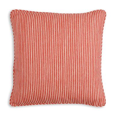 Large square designer Fermoie cushion in Red Poulton Stripe fabric made from recycled polyester for indoor and outdoor use