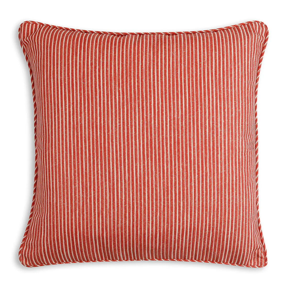 Large square designer Fermoie cushion in Red Poulton Stripe fabric made from recycled polyester for indoor and outdoor use