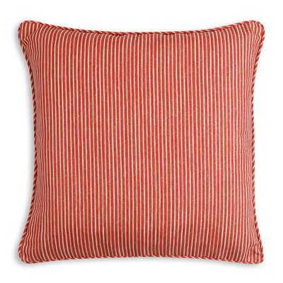 Large square designer Fermoie cushion in Red Poulton Stripe fabric made from recycled polyester for indoor and outdoor use