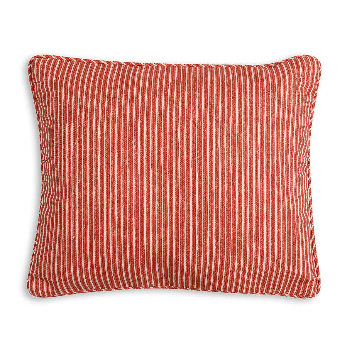 Small oblong designer Fermoie cushion in Red Poulton Stripe fabric made from recycled polyester for indoor and outdoor use
