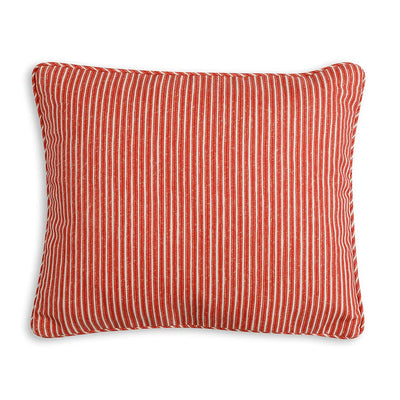 Small oblong designer Fermoie cushion in Red Poulton Stripe fabric made from recycled polyester for indoor and outdoor use
