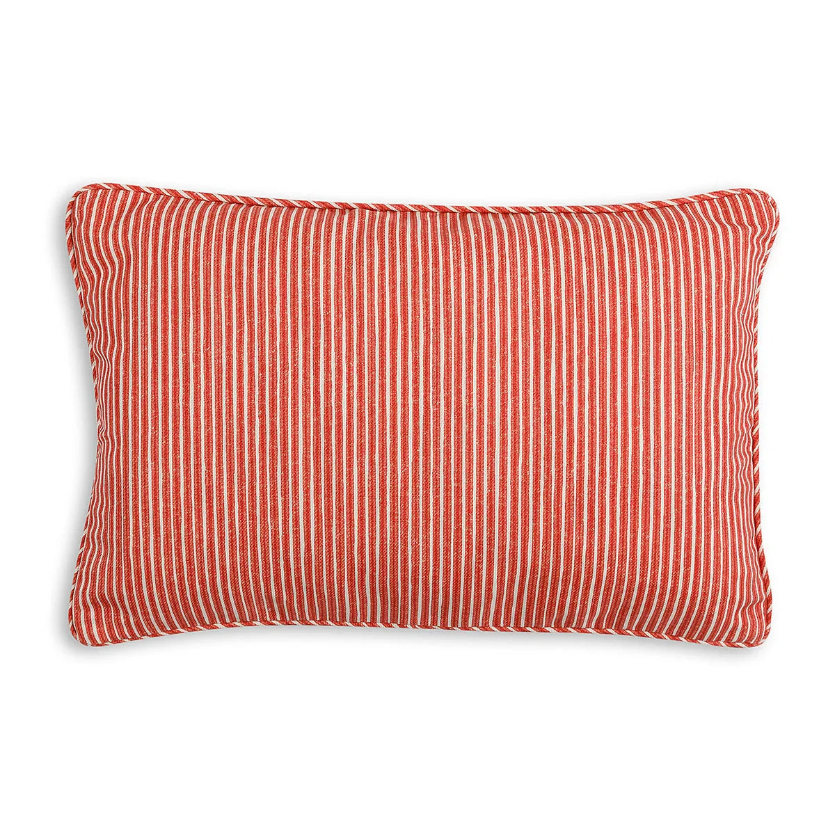 Large oblong designer Fermoie cushion in Red Poulton Stripe fabric made from recycled polyester for indoor and outdoor use