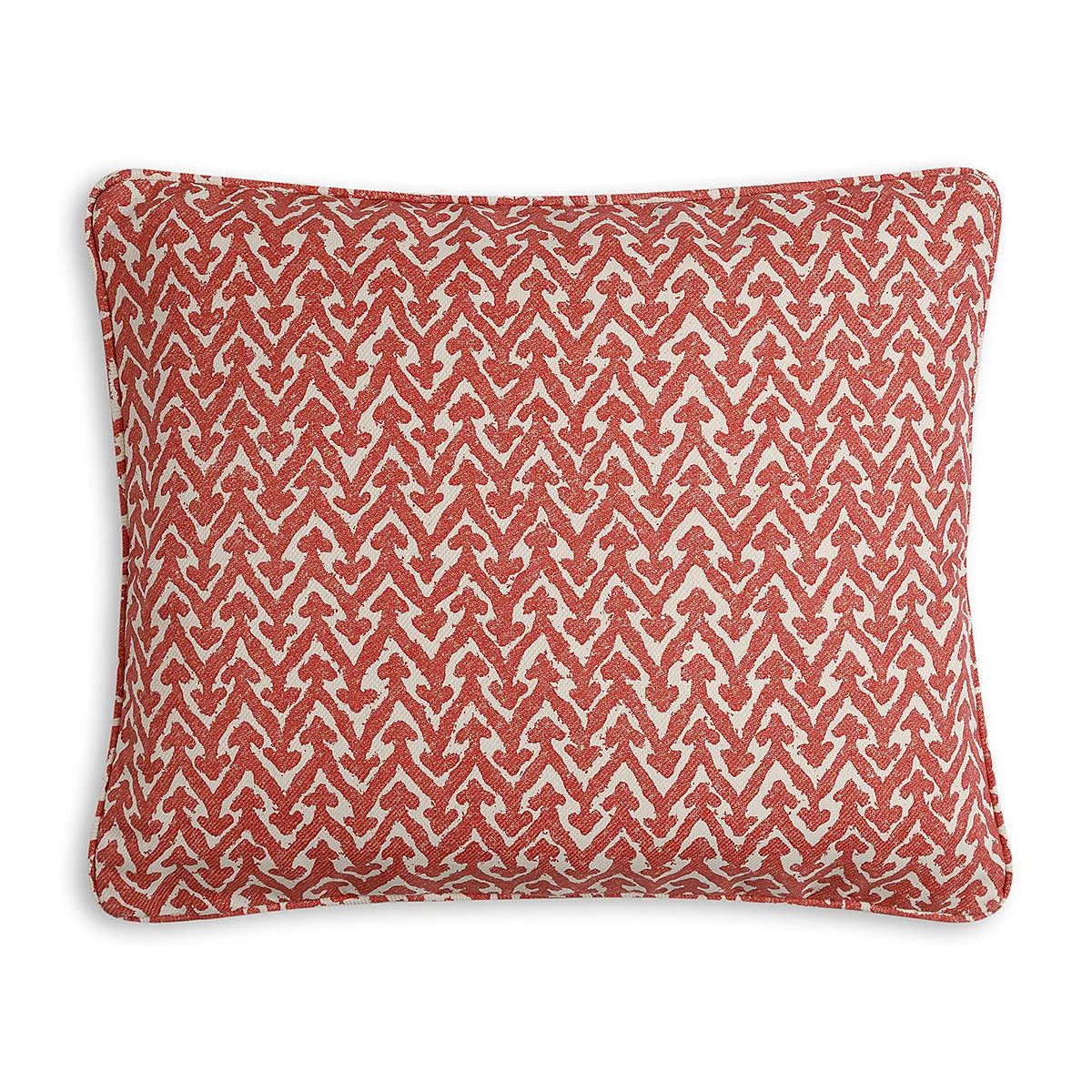 Small oblong designer Fermoie cushion in Red Rabanna fabric made from recycled polyester for indoor and outdoor use