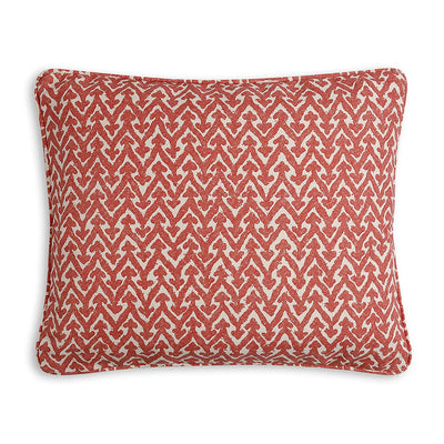Small oblong designer Fermoie cushion in Red Rabanna fabric made from recycled polyester for indoor and outdoor use