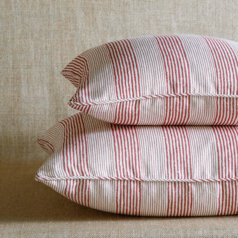 Designer Fermoie cushion stack in Red Ticking handmade